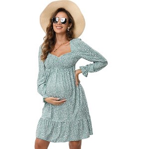 Coolmee Women's Maternity Long Sleeve Dresses Fall Square Neck Smocked Ruffle A Line Flowy Midi Dress - 1 of 2