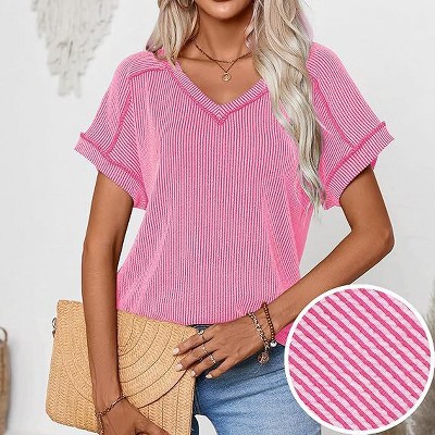 Womens V Neck T-Shirts Short Sleeve Inside Out Seam Style Tops Striped Shirts Drop Shoulder Lounge Tops Summer Causal Tops