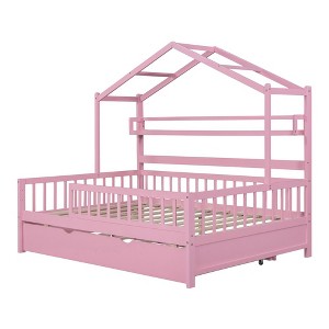Full Size House Bed With Trundle, 2 Shelves, Pine Wood Frame, Safety Guardrail Wooden Bed Frame, No Box Spring Needed - 1 of 4