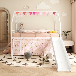 Okak Twin Size Metal House Loft Bed with Slide & Curtain Set & Star Stickers,Contemporary Bed Frame for Bedroom,Kids Room - 1 of 4