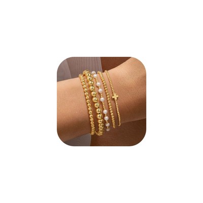 Turandoss 5PCS Gold Beaded Bracelets for Women Girls - Dainty 18K Gold Plated Bead Pearl Bracelet, Womens Bracelet Stack, Christmas Gifts for Girls