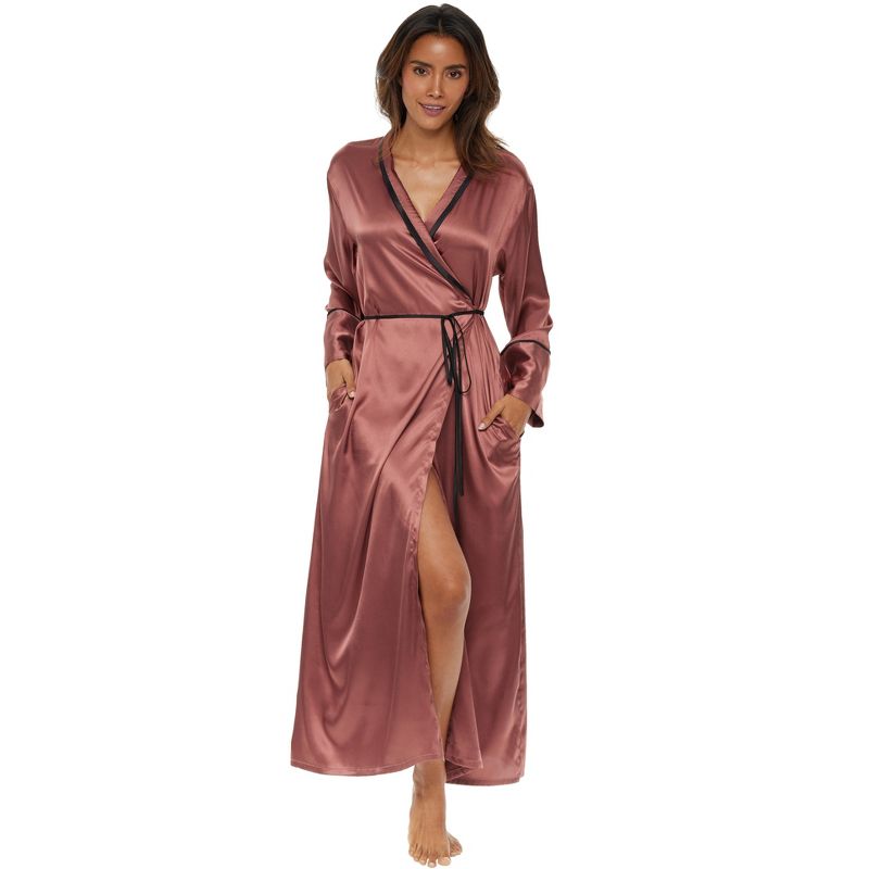 Women's Long Satin Robe with Contrast Piping- Tie Belt, Pockets, Full Length, 1 of 7