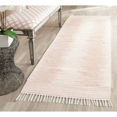 Beige and White Handwoven Cotton Runner Rug with Fringe