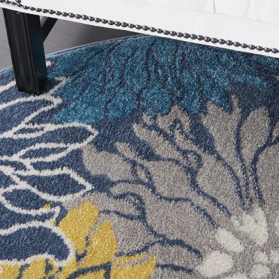 Blue and Yellow Floral Round Synthetic Area Rug, 5'3"