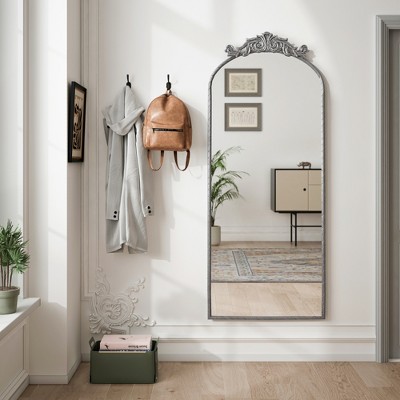 Runesay Arched Full Body Mirror with Vintage Ornate Carved Applique on Top, Hanging Wall Mounted Mirror