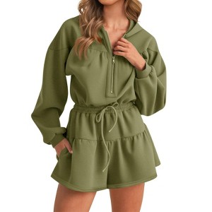 Imily Bela Womens Rompers Half Zip Long Sleeve Hoodies Casual Shorts Drawstring Waist Jumpsuits - 1 of 3
