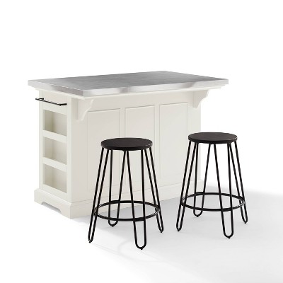 Julia Stainless Steel Top Kitchen Island with 2 Ava Counter Height Barstools White - Crosley