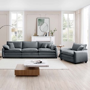 Mid-Century Modern 2-Piece Sofa Set, One 3-Seater and One Single Seat with Arm and Throw Pillows for Living Room - 1 of 4