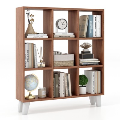 Tangkula 9-Cube Open Bookcase 3-Tier Floor Standing Bookshelf with 4 Slanted Legs 6 Removable Shelves Brown/White