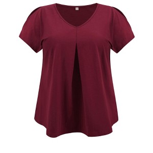 Women's Plus Size Front Pleated V Neck Slit Sleeve Cold Shoulder Summer Blouses - GRACE & GRANDEUR - 1 of 4