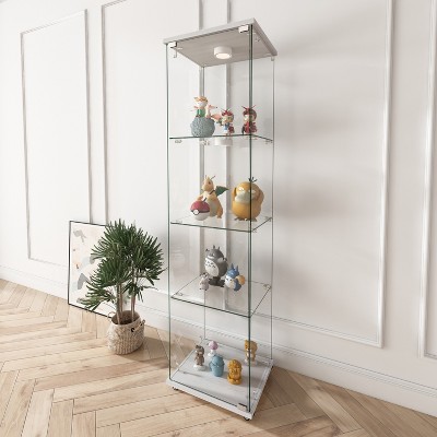 KTMBDW Glass Display Cabinet 3/4-Shelf with Door and Lock, Curio Cabinets, Tempered Glass Floor Standing Bookshelf for Bedroom, Living Room, Office