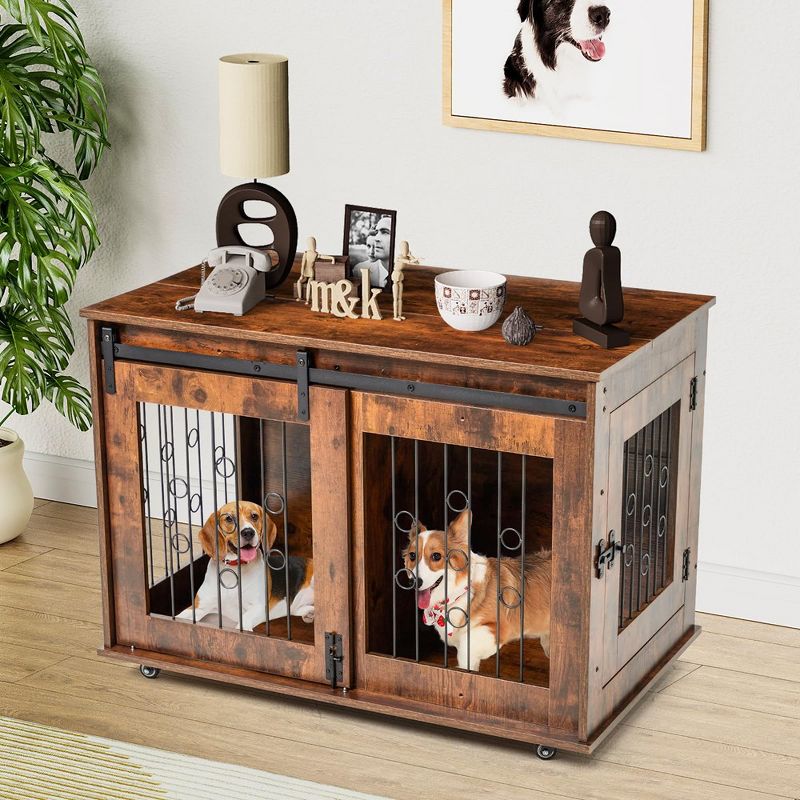 Double Dog Crate with Divider Sliding Barn Door, 39" Wooden Dog Kennel End Table with Wheels Indoor Dog House 39.37”Wx25.2”Dx28.94”H, 1 of 7