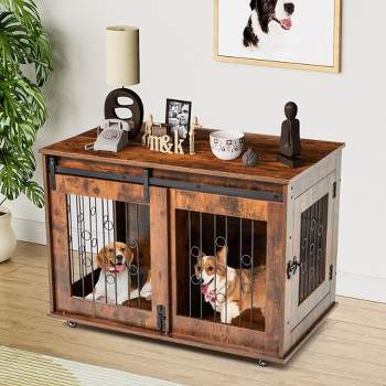 Double Dog Crate with Divider Sliding Barn Door, 39" Wooden Dog Kennel End Table with Wheels Indoor Dog House 39.37”Wx25.2”Dx28.94”H