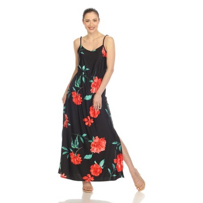 Women's Floral Strap Maxi Dress With Side Slit And Pockets - White Mark ...
