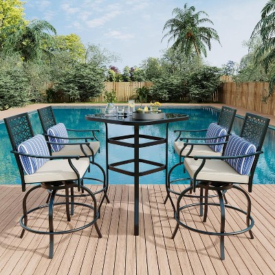5-Piece Outdoor Patio Swivel Bar Set with 4 Beige Cushioned Swivel Chairs & 1 Table, for Deck, Backyard, and Outdoor Entertaining