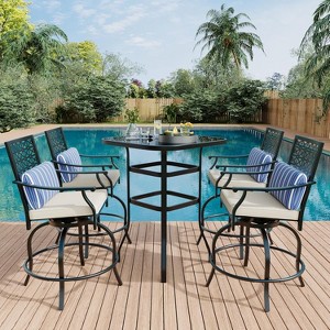 5-Piece Outdoor Patio Swivel Bar Set with 4 Beige Cushioned Swivel Chairs & 1 Table, for Deck, Backyard, and Outdoor Entertaining - 1 of 4