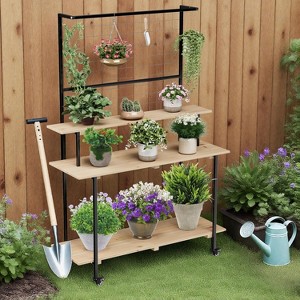 3-Tier Heavy Duty Plant Stand with Wheels, Adjustable Indoor/Outdoor Flower Shelf with Hanging Rod & Trellis, Multi-Purpose Display Rack (Black) - 1 of 4