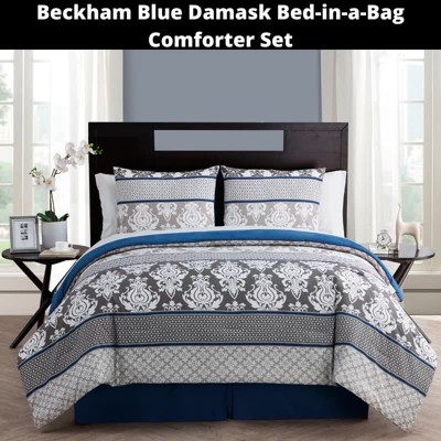 Full Blue Damask Microfiber Bed in a Bag Set