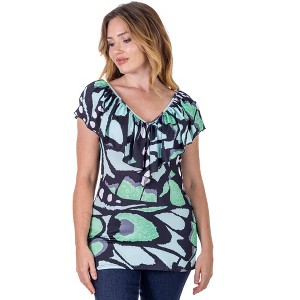 24seven Comfort Apparel Womens Cap Sleeve Green Butterfly Print Ruffle V Neck Top - 1 of 4