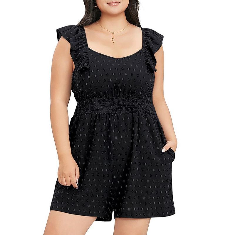 Women's Plus Size Swiss Dot Rompers Summer Sleeveless Short Jumpsuits with Pockets, 2 of 8
