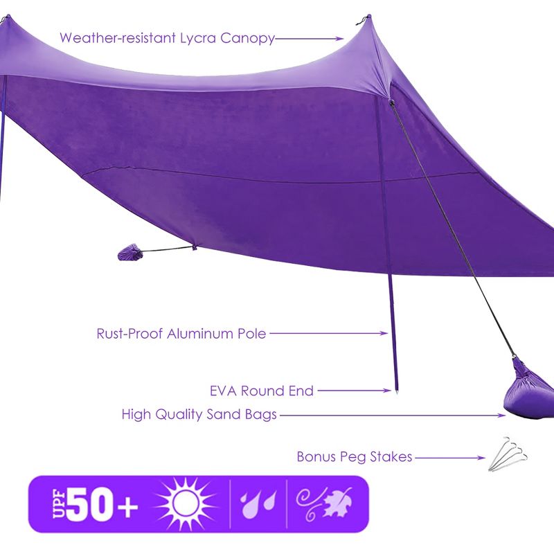 Costway Family Beach Tent Canopy w/4 Poles Sandbag Anchors 10'x9' UPF50+ Purple/Green/Blue, 5 of 7