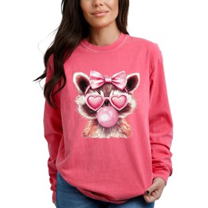 Valentine Raccoon With Bubblegum - Women's Garment Dyed Long Sleeve Graphic T-Shirt - 1 of 4