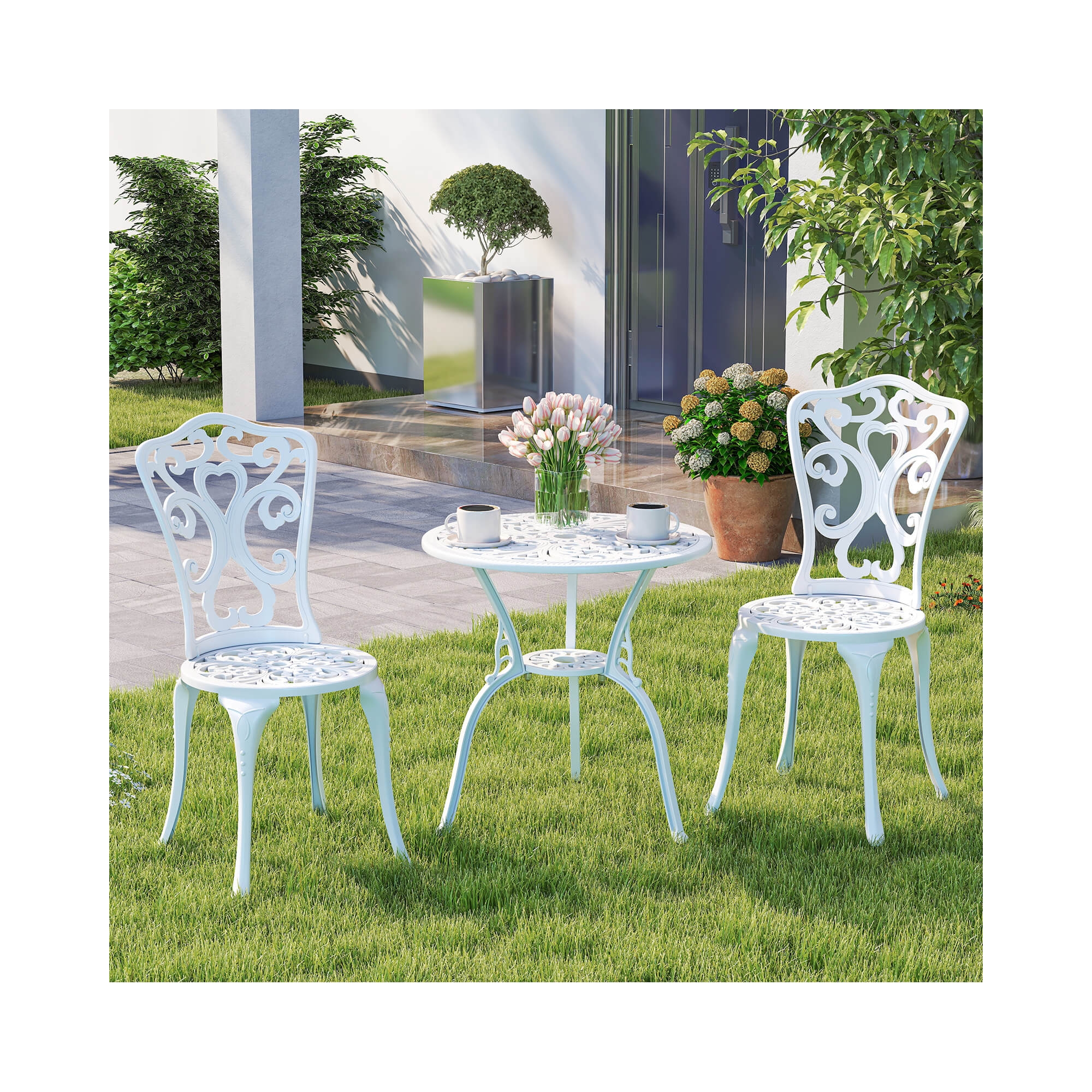 Costway 3 PCS Patio Bistro Set with Umbrella Holes Outdoor Bistro Set for Front Porch White