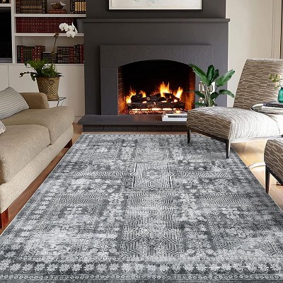 Vintage Washable Area Rug, Low Pile Distressed Carpet, Non-Slip, Stain-Resistant, Foldable Floral Throw Rug, Living/Dining/Bedroom