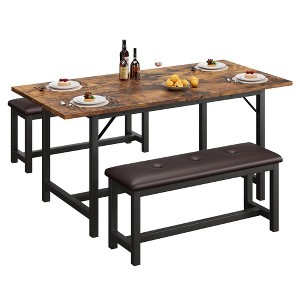 3-Piece Extendable Dining Table Set for 4-6, 47"-63" Kitchen Table with 2 Upholstered Benches, Industrial Brown - 1 of 4