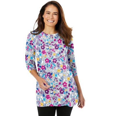 Woman Within Plus Size Perfect Printed Long-Sleeve Crewneck Tunic