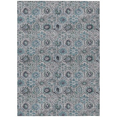 Teal Blue And Gray Floral Washable Indoor Outdoor Area Rug