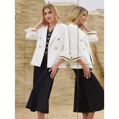 INSPIRE CHIC Women's Double Breasted Notched Lapel 3/4 Sleeve Contrast Trim Fully Lined Formal Work Office Suit Jacket Blazer Large White — фото 3