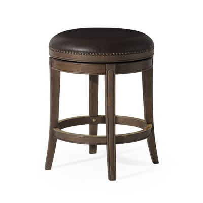 HomeRoots 26" Brown Faux Leather and Solid Wood Backless Counter Height Swivel Bar Chair