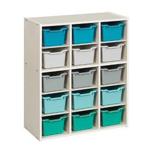 ECR4Kids Streamline 15 Cubby Tray Cabinet with 15 Scoop Front Storage Bins, 5x3, White Wash - 1 of 4