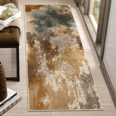 Camel and Blue Abstract Synthetic Runner Rug, 2'7" x 8'
