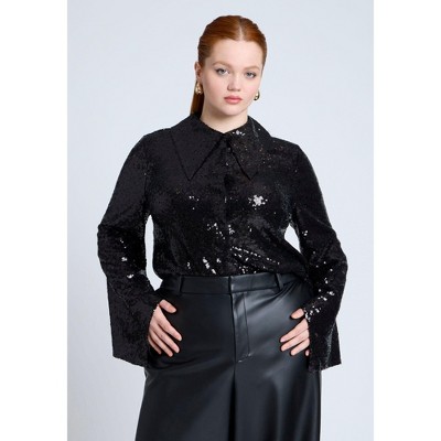 ELOQUII Flare Sleeve Sequin Button Down