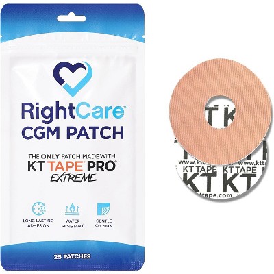 RightCare CGM Adhesive Patch made with KT Tape, Universal, Covered Oval,  Tan, Bag of 25