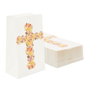 Blue Panda 36 Pack Party Treat Bags, Religious Easter Party Supplies, Paper Favor Bags, Floral Cross Design, 5.2x8.7x3.3" - 1 of 4