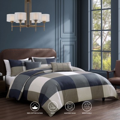 Bebejan Checkered Navy Tan 100% Cotton Sateen 5 Piece Plaid Reversible Comforter Set, All Season Bedding Set - Queen — фото 2