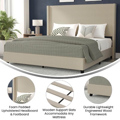 Beige King Upholstered Platform Bed with Wingback Headboard