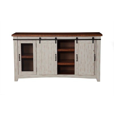 Antique White and Aged Distressed Pine 65" TV Stand with Cabinet