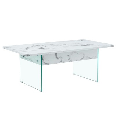 Lirago Multifunctional Lift Top Coffee Table-White Marble Pattern with Tempered Glass Legs, Modern Design for Living Room & Office