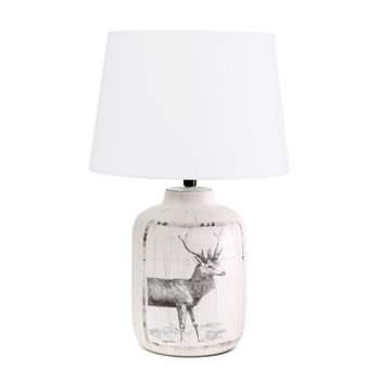 Rustic Deer Buck Nature Printed Ceramic Accent Table Lamp with Fabric Shade White - Simple Designs