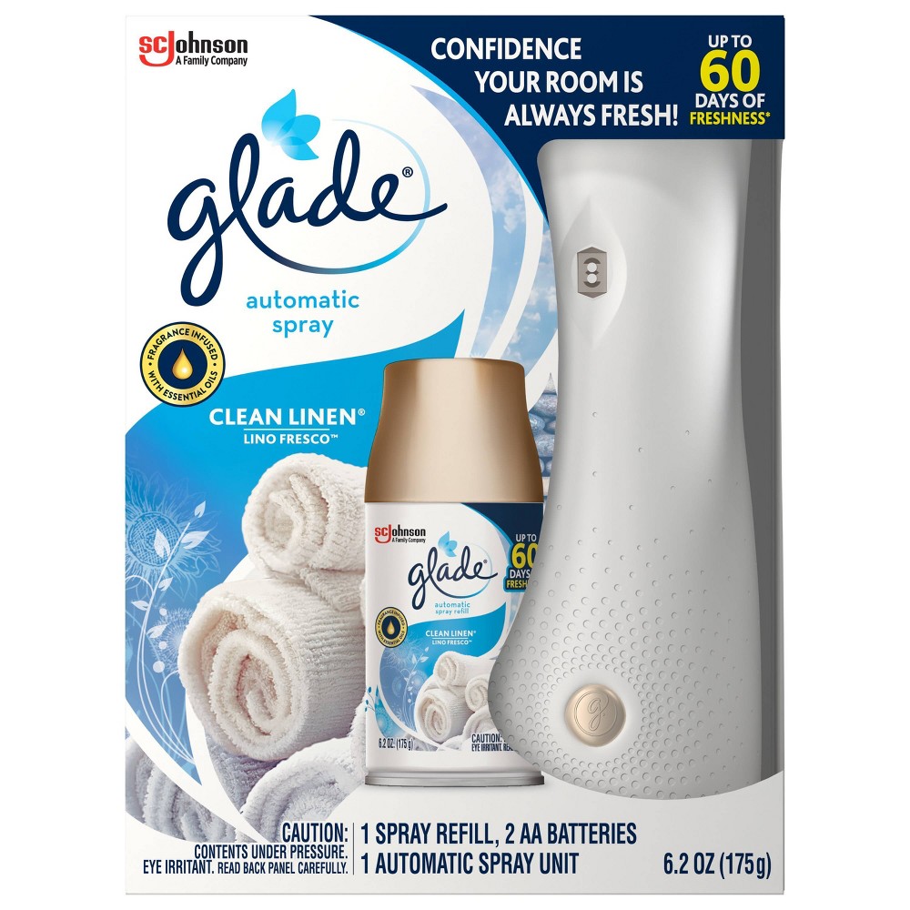 Glade Automatic Spray 1 Warmer + 1 Count Refill Starter Kit, Clean Linen, 6.2 Ounce