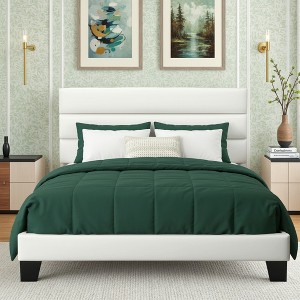 Velvet Upholstered Bed with Wooden Slats, No Box Spring Needed, Easy Assembly - 1 of 4