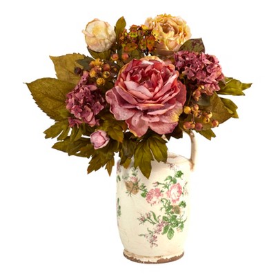 Nearly Natural 18-in Peony Artificial Arrangement in Floral Pitcher