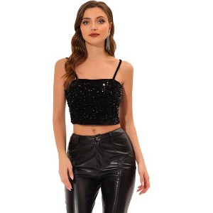 INSPIRE CHIC Women's Club Party Velvet Spaghetti Strap Crop Sequined Cami Top - 1 of 4