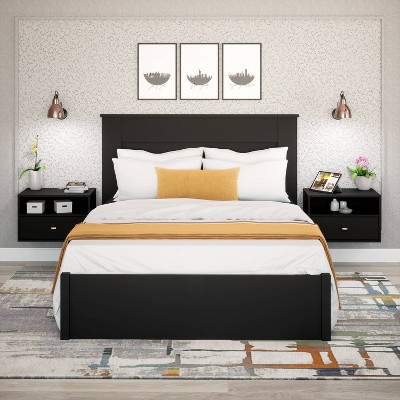 Set of 2 Black Floating Nightstands with Brass Handles