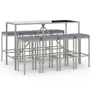 vidaXL Patio Bar Set Outdoor Garden Table with Stool with Cushions Poly Rattan - Gray 70.9" Table Length 8 Piece - 1 of 4