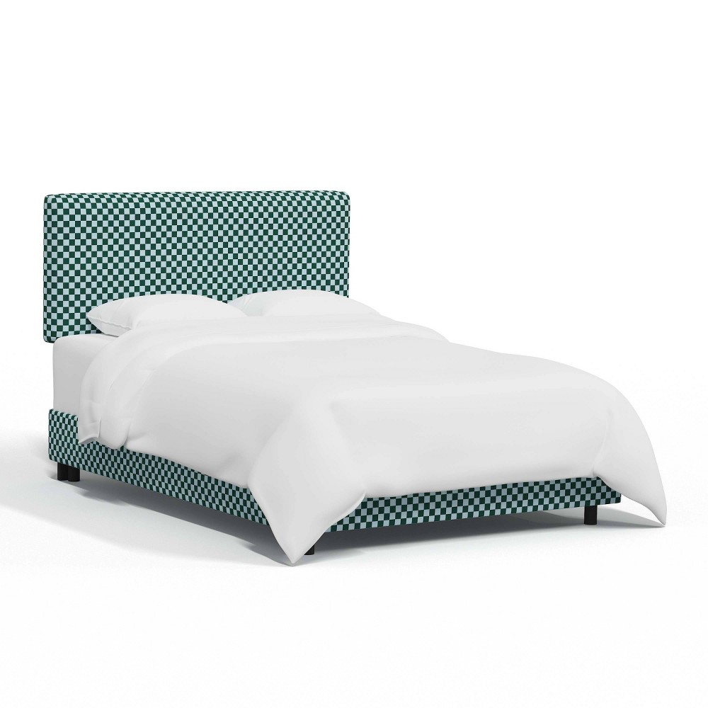 Photos - Bed Skyline Furniture Full Olivia Upholstered  Checkerboard Emerald Blue: Cotton Fabric, Pine Frame, 500lb Capacity